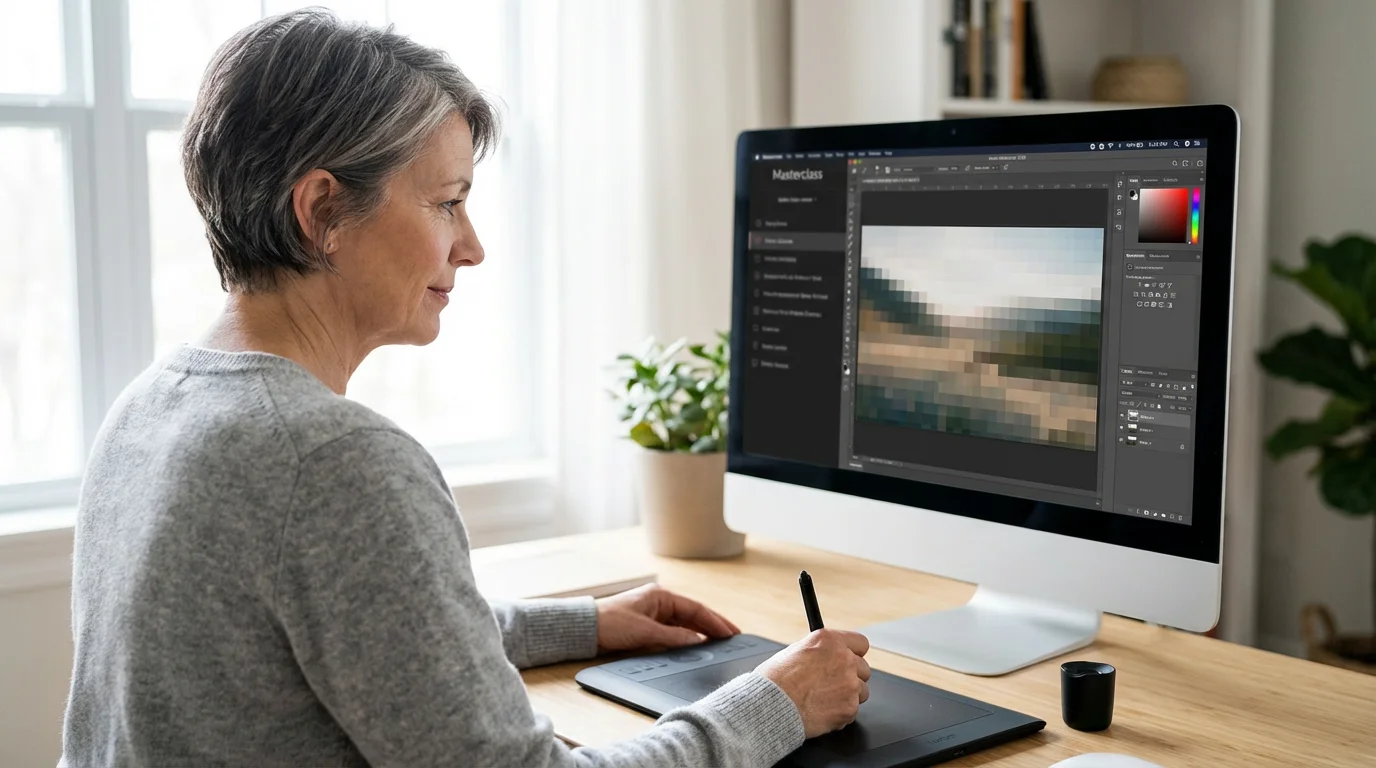 Over-the-shoulder shot of a mature woman at her desk learning digital art online.