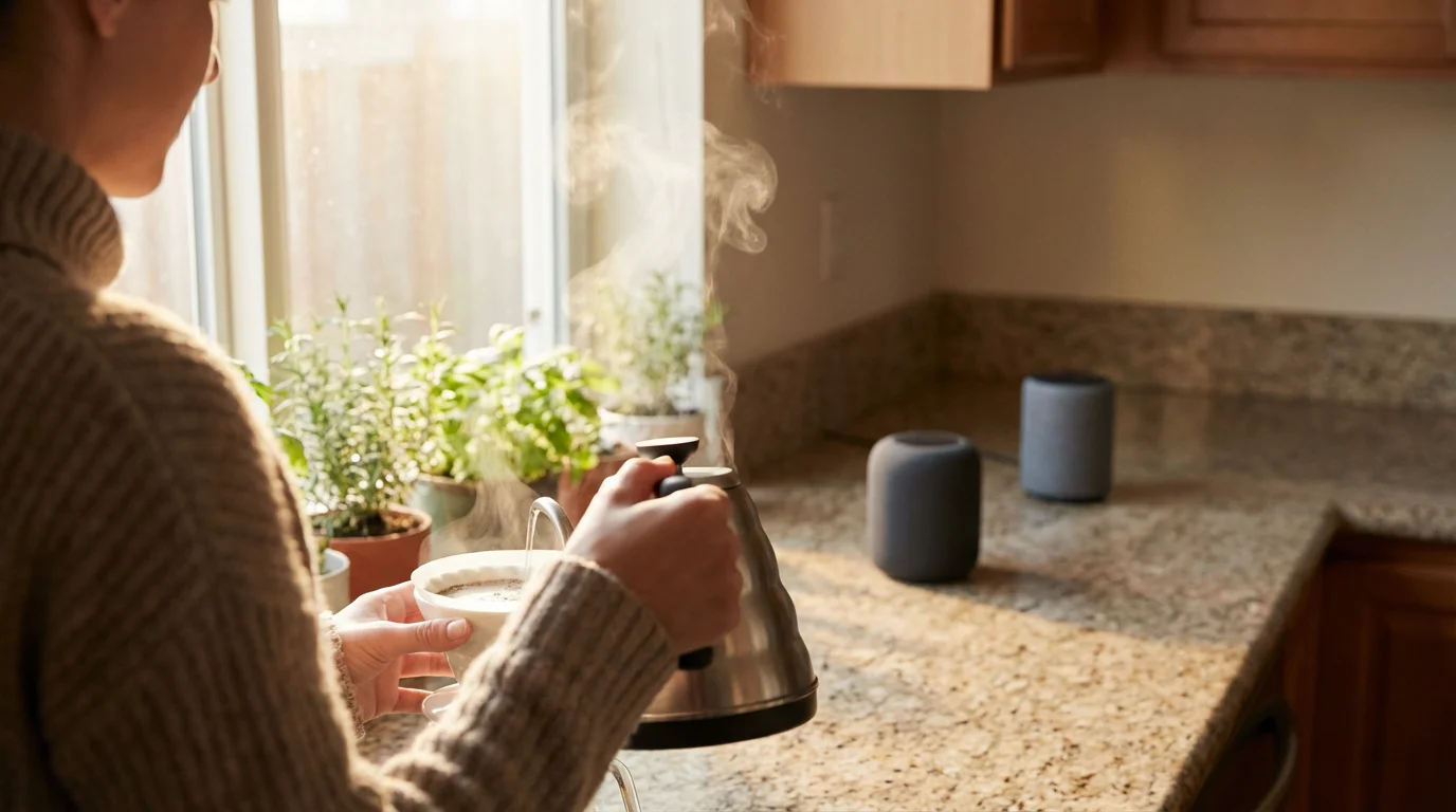 Over-the-shoulder shot of a person making coffee with a smart speaker in the background.