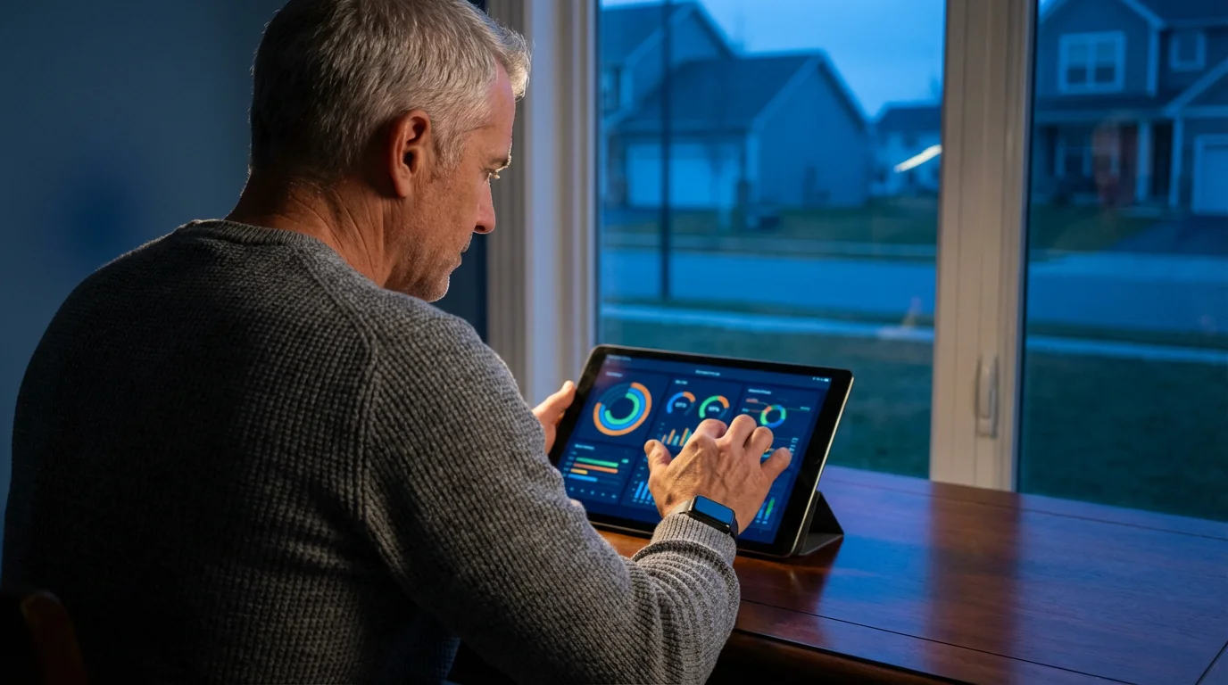 Over-the-shoulder shot of a senior man using a health data app on a tablet.
