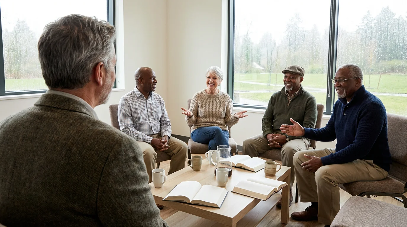 Over-the-shoulder view of a diverse group of seniors in a book club discussion.