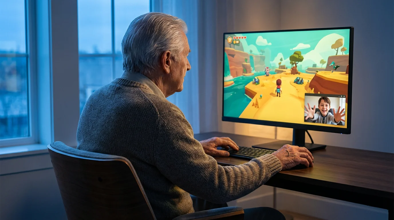 Over-the-shoulder view of a grandfather playing an online game with his grandson on-screen.