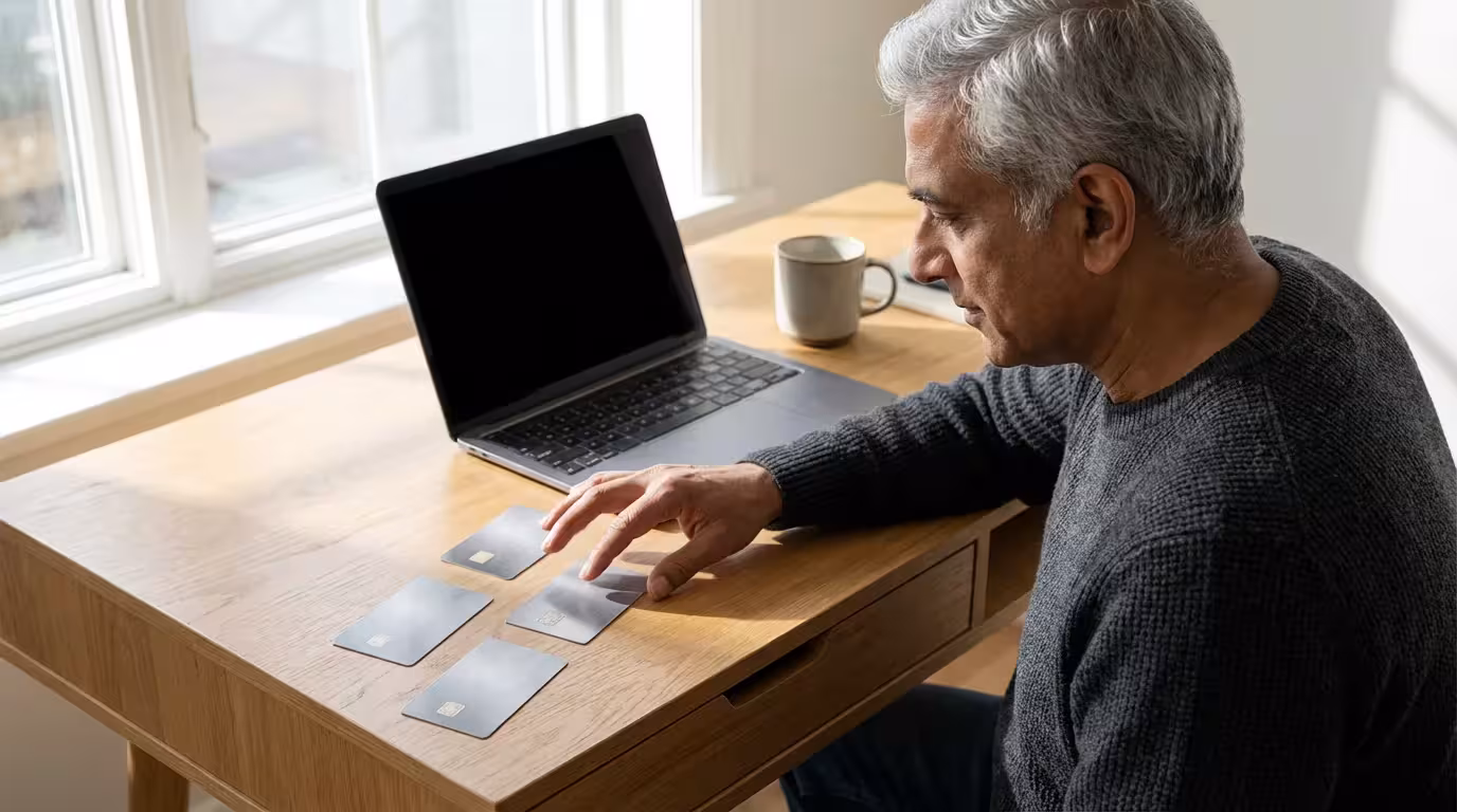Over-the-shoulder view of a man at a desk choosing from several generic credit cards.