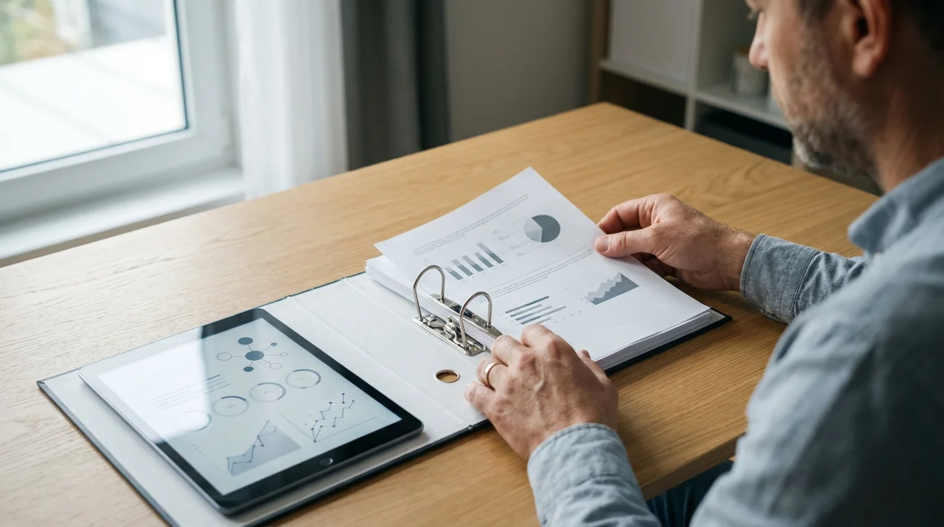 Over-the-shoulder view of a man organizing medical papers and a tablet on a desk.