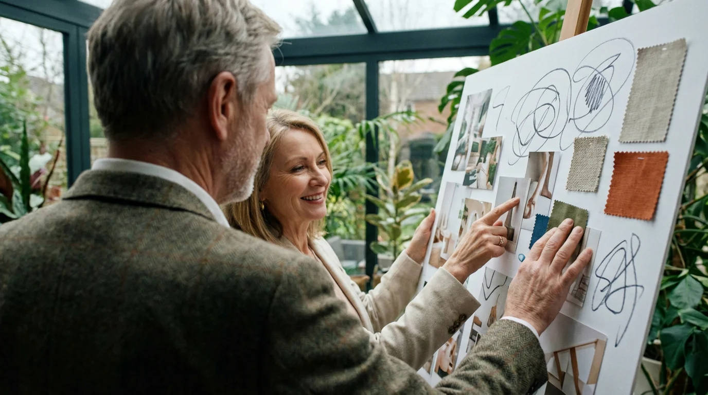 Over-the-shoulder view of a mature couple creating a lifestyle vision board in a sunroom.