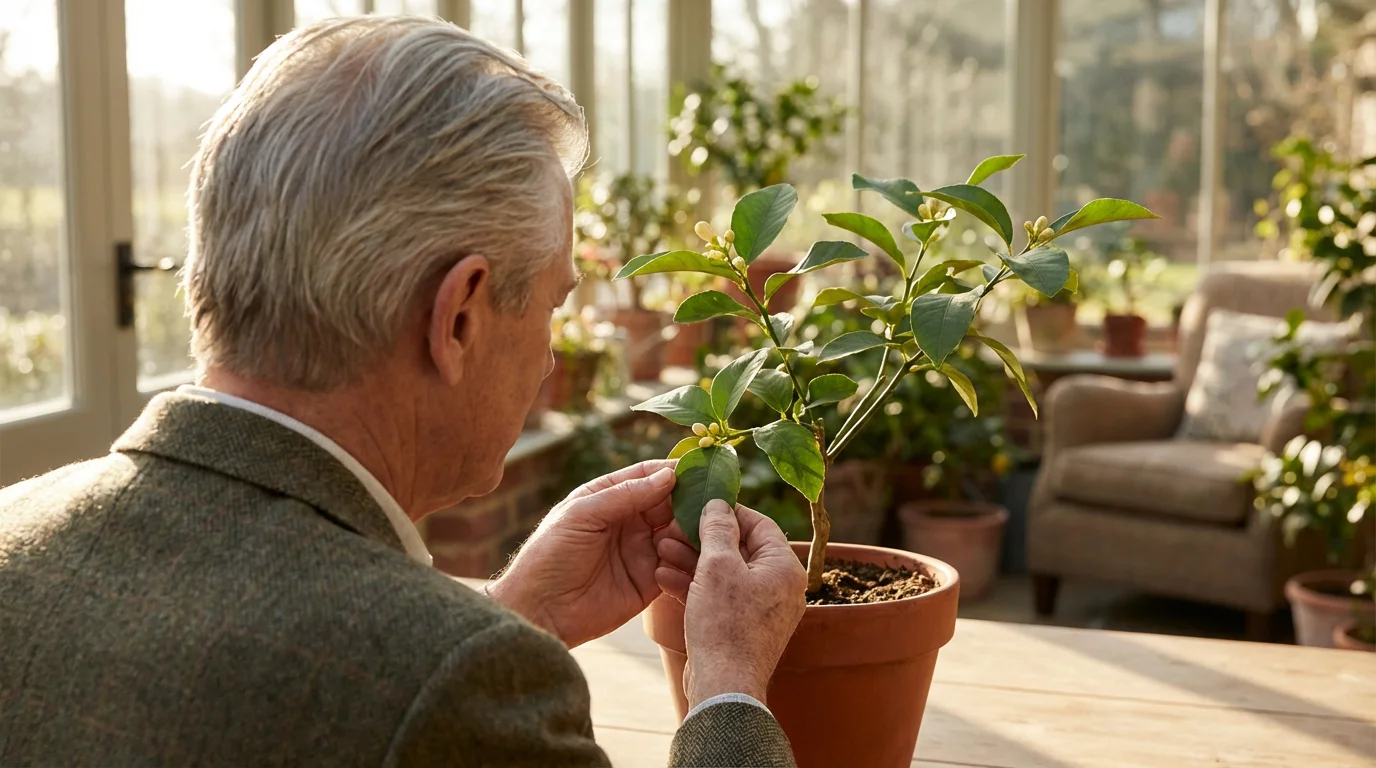 Over-the-shoulder view of a mature man tending to a small, growing lemon tree indoors.