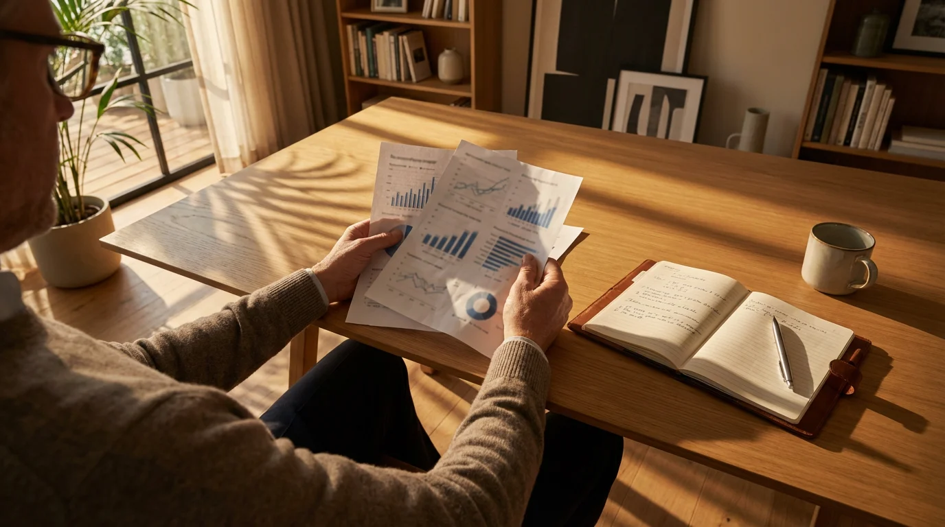 Over-the-shoulder view of a person at a desk planning their retirement finances.