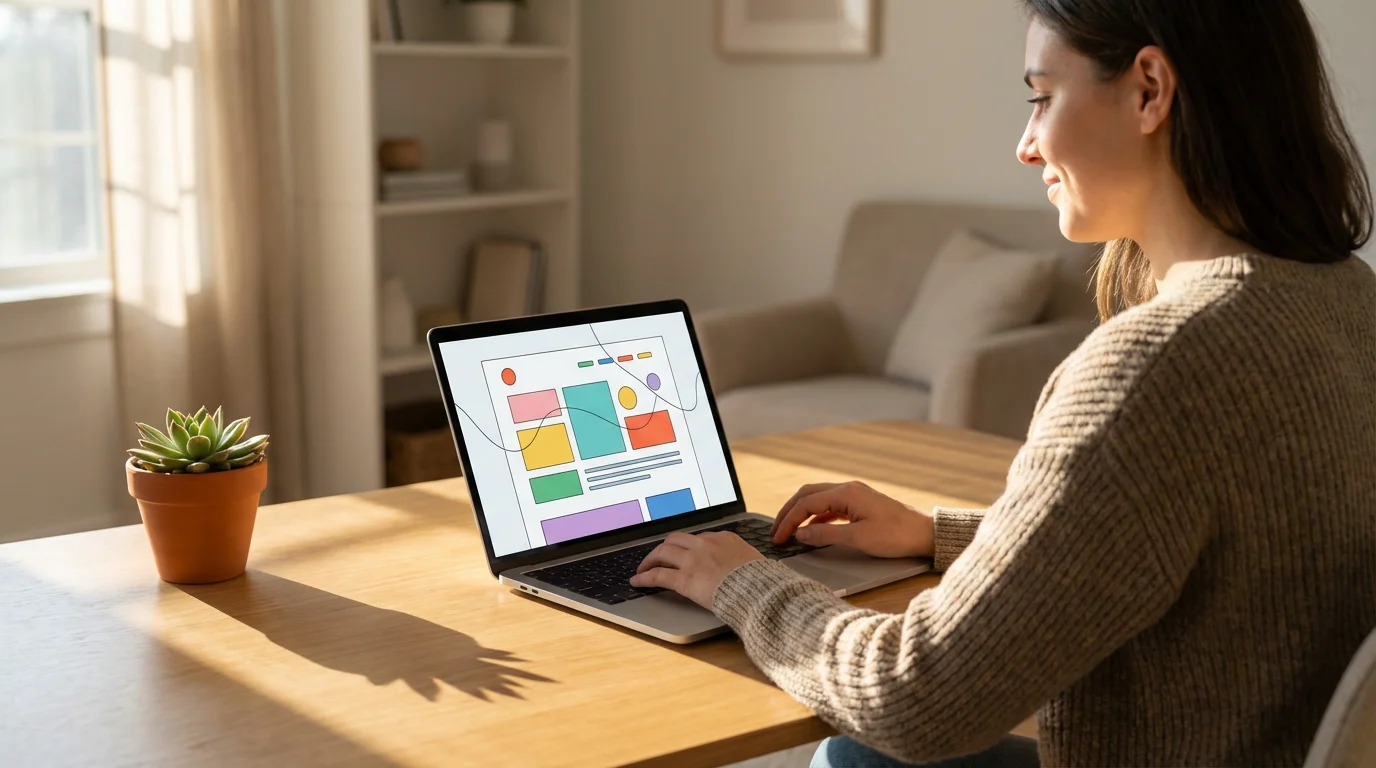 Over-the-shoulder view of a person at a desk looking at a newly designed website.