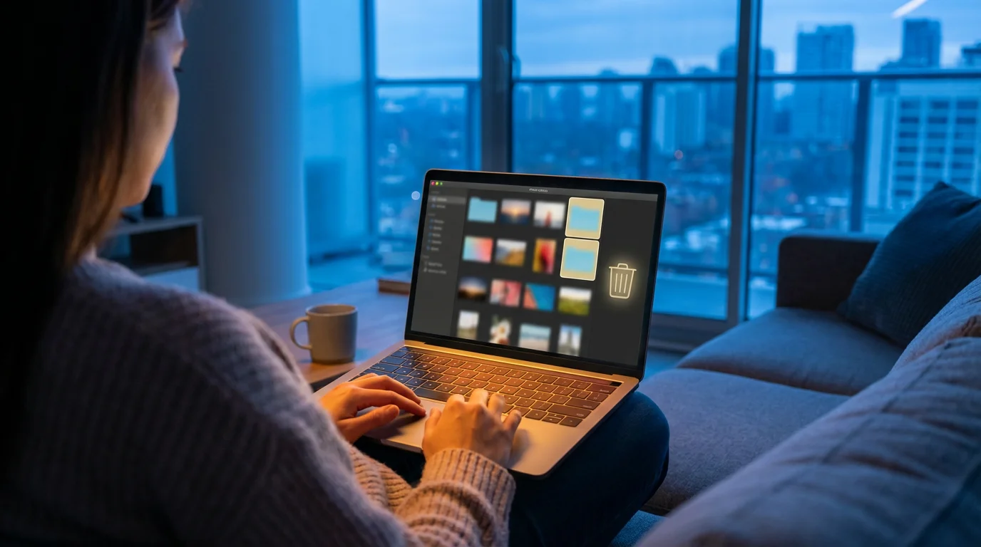 Over-the-shoulder view of a person decluttering digital files on a laptop at dusk.