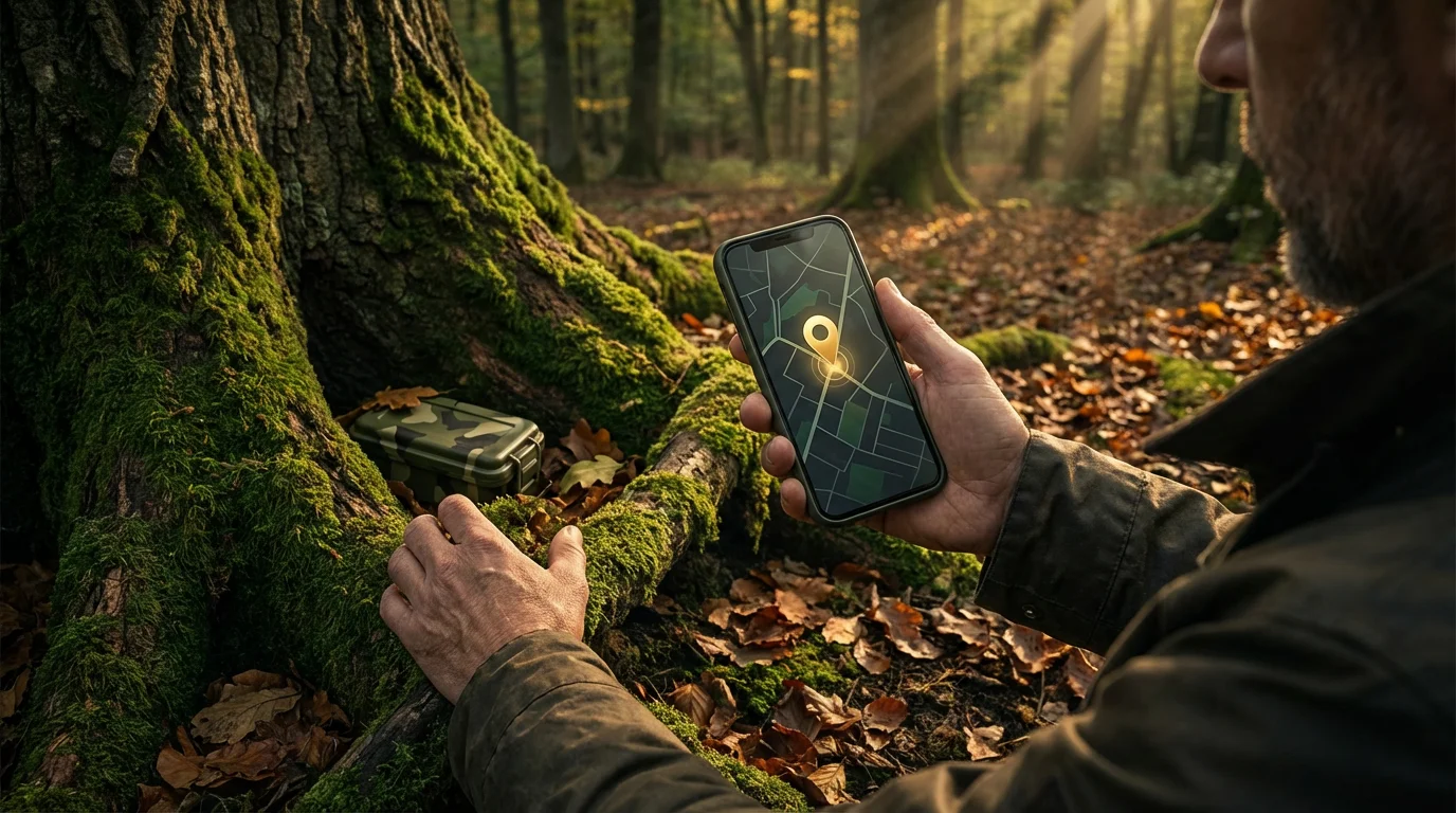 Over-the-shoulder view of a person finding a geocache in the woods with a phone.