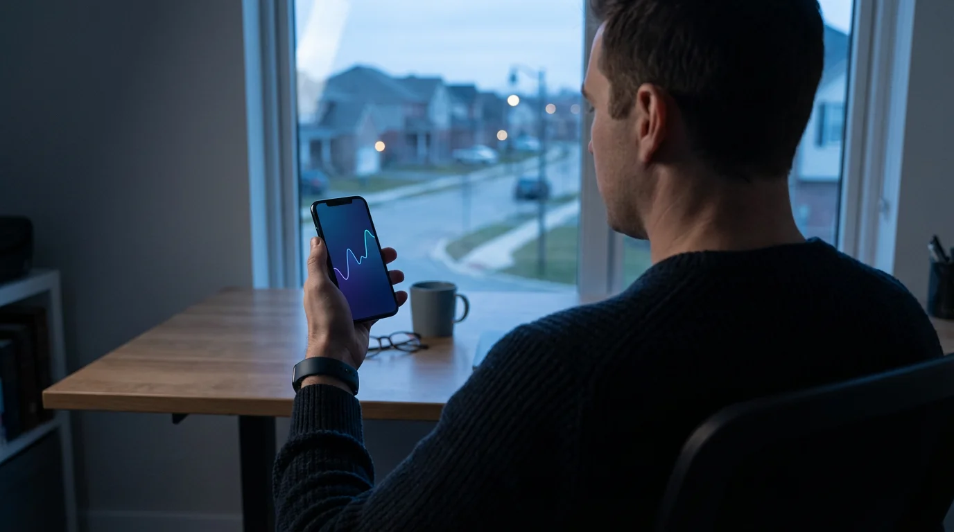 Over-the-shoulder view of a person looking at heart health data on a smartphone.