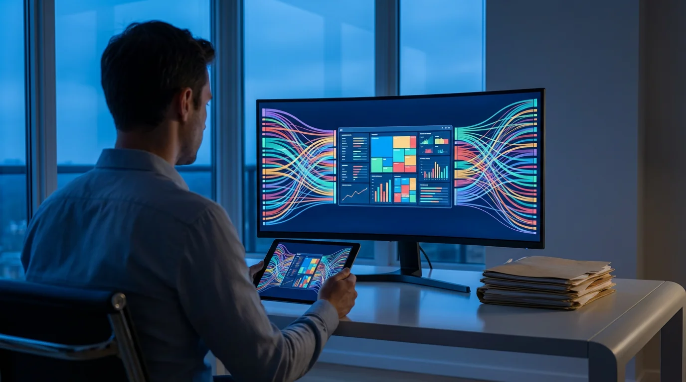 Over-the-shoulder view of a person managing digital health data on a monitor and tablet.