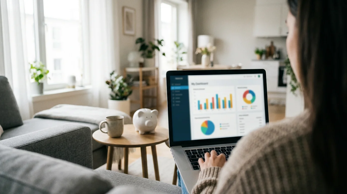 Over-the-shoulder view of a person on a laptop with financial charts beside a piggy bank.