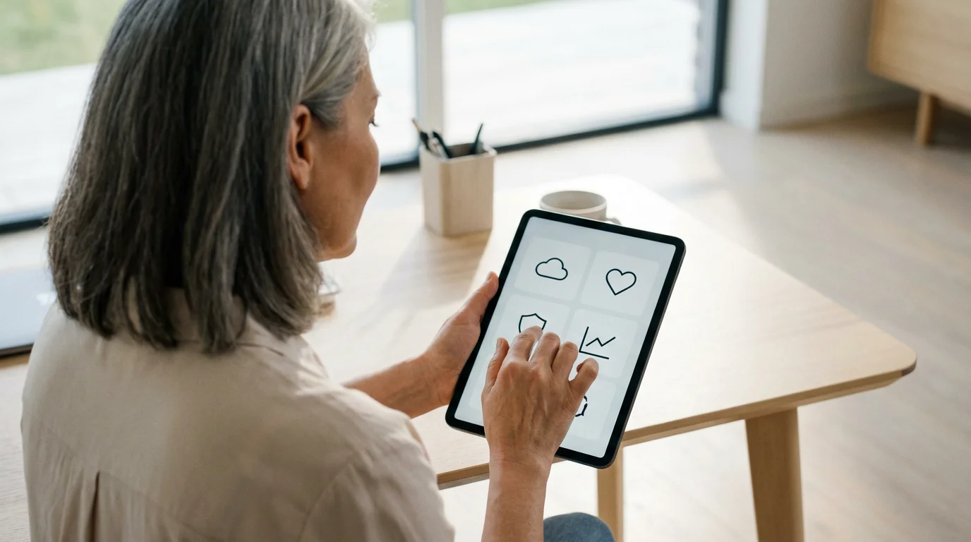 Over-the-shoulder view of a person organizing digital asset icons on a tablet screen.
