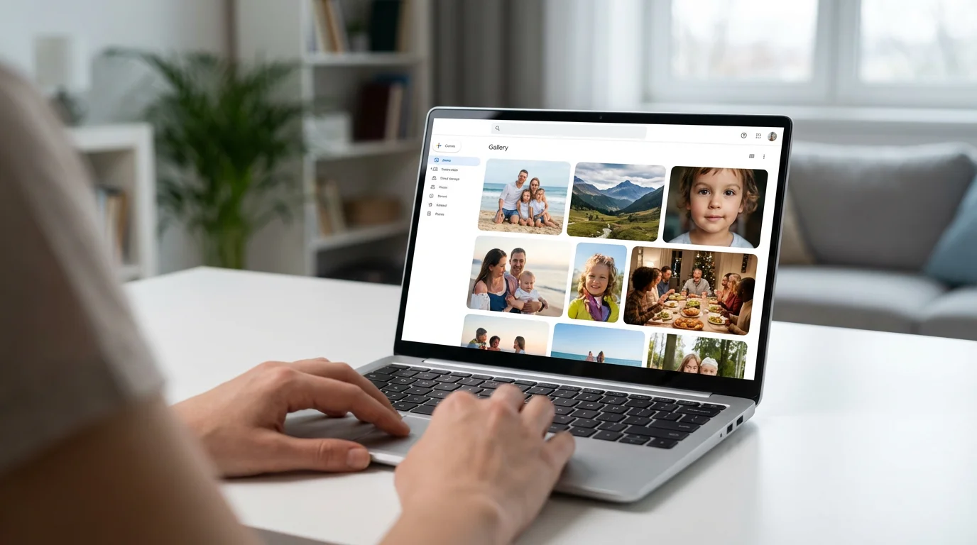 Over-the-shoulder view of a person organizing personal photo memories on a laptop cloud storage.