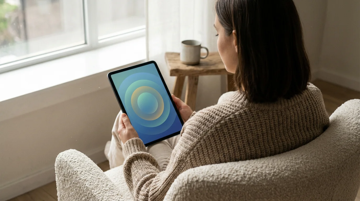 Over-the-shoulder view of a person relaxing while using a mindfulness app on a tablet.