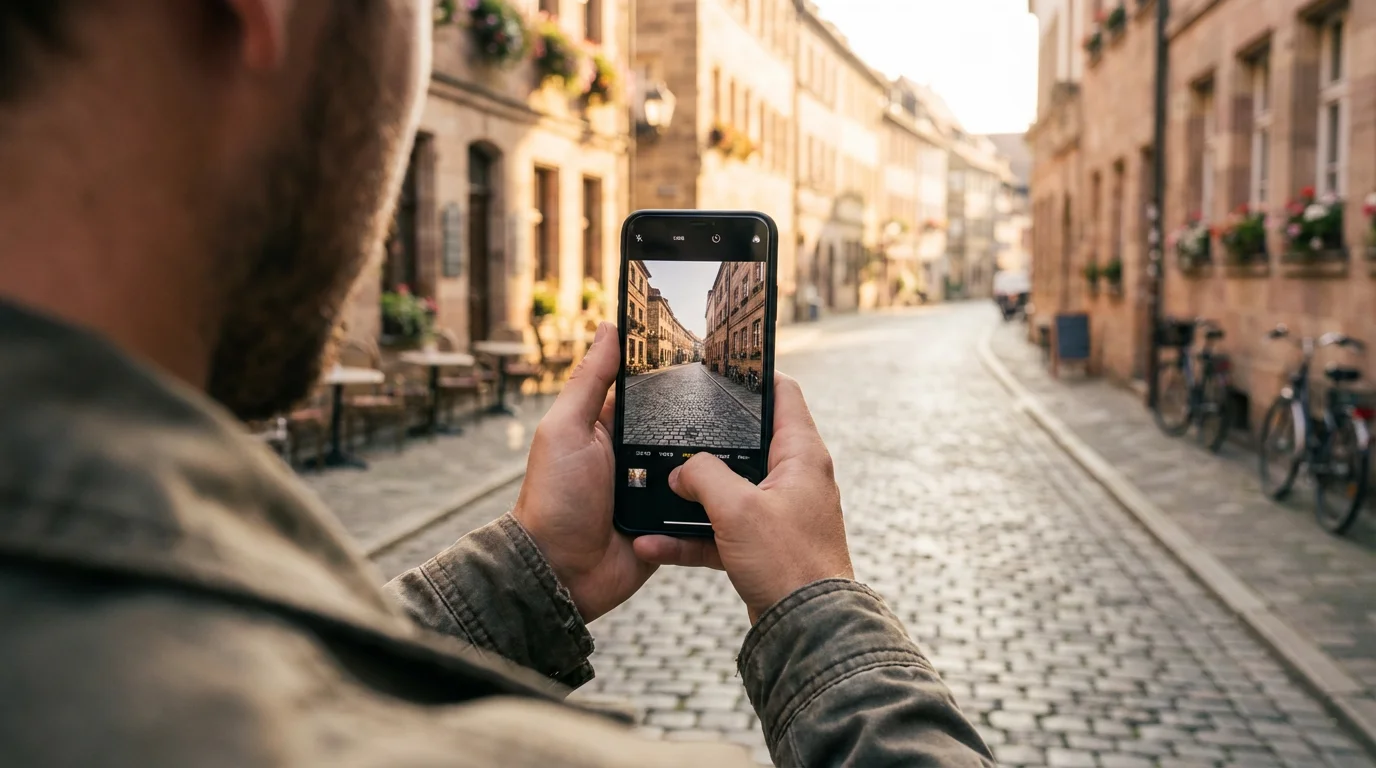 Over-the-shoulder view of a person taking a smartphone photo of a charming cobblestone street.