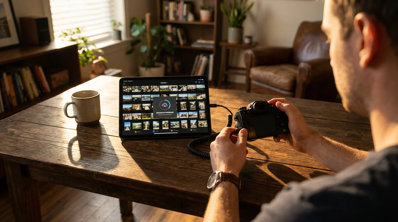 Over-the-shoulder view of a person uploading photos from a digital camera to a tablet.