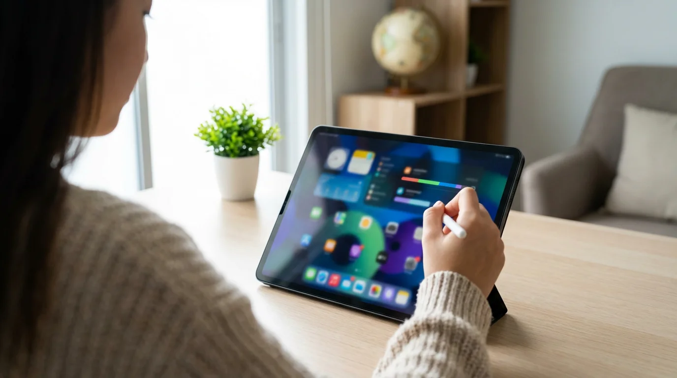 Over-the-shoulder view of a person using a tablet and stylus for language learning.
