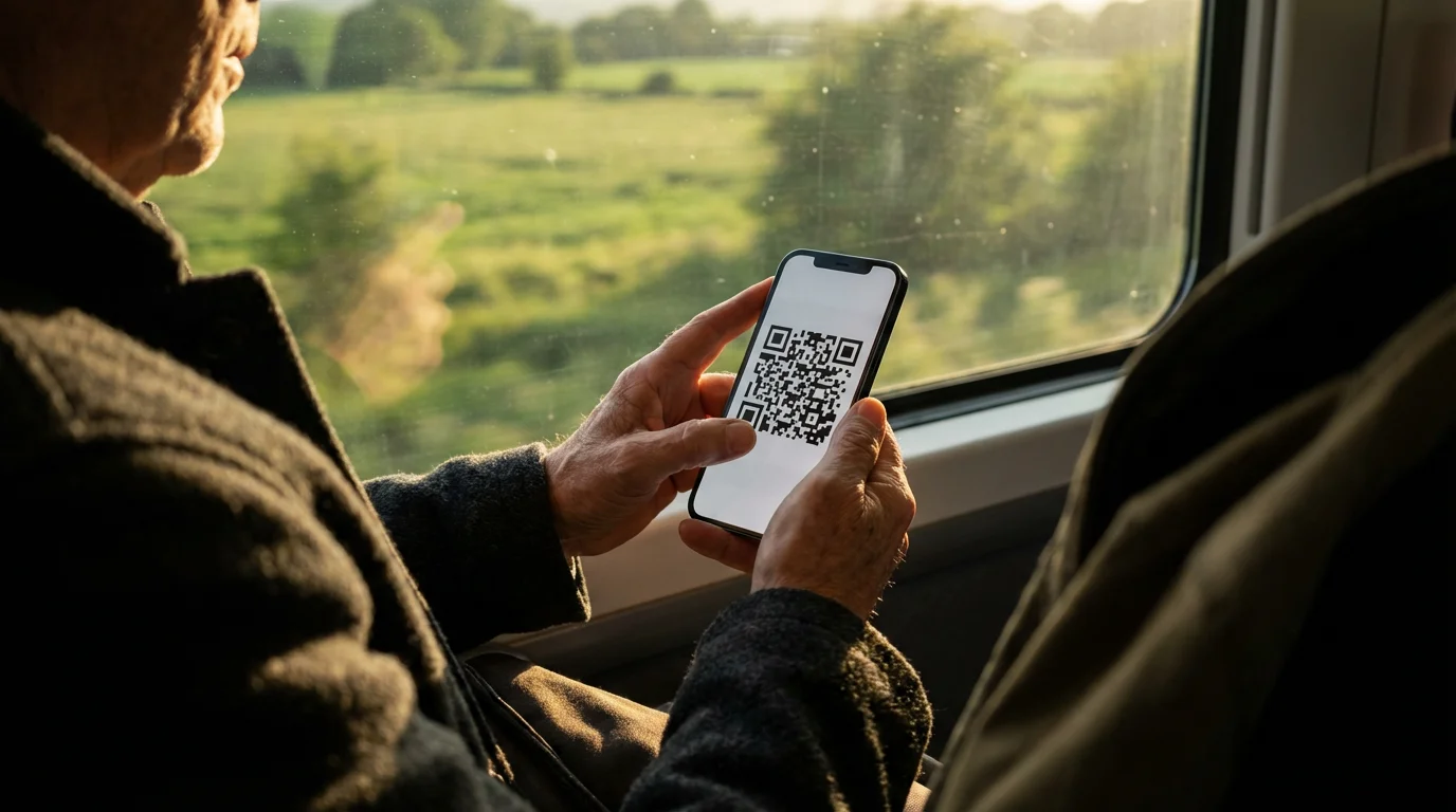 Over-the-shoulder view of a person's hands holding a smartphone with a digital train ticket.