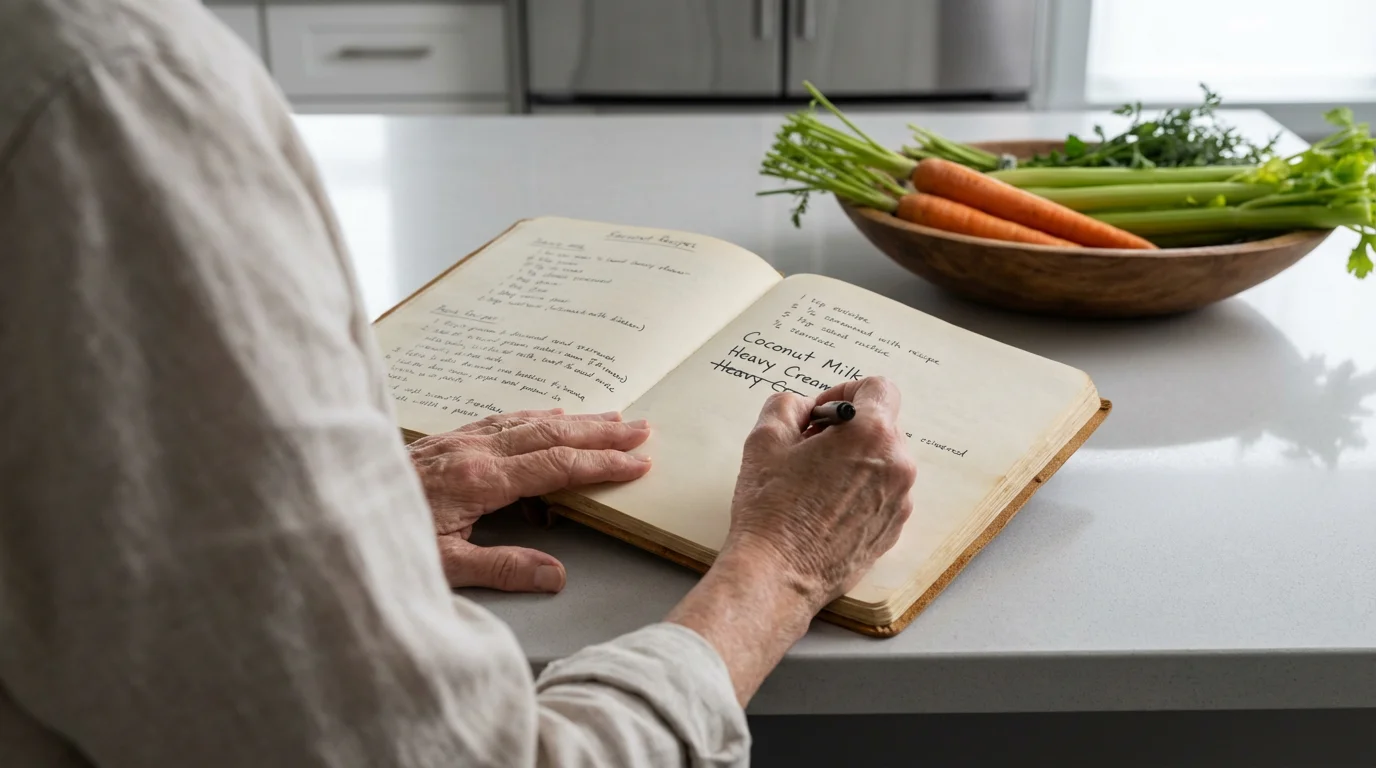 Over-the-shoulder view of a person's hands adapting a handwritten recipe in a kitchen.