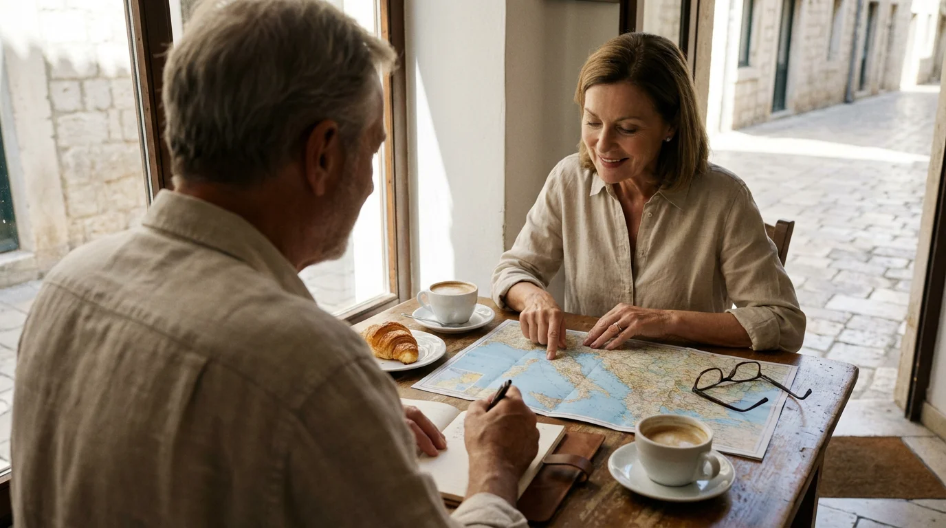 Over-the-shoulder view of a retired couple planning their day with a map and journal.