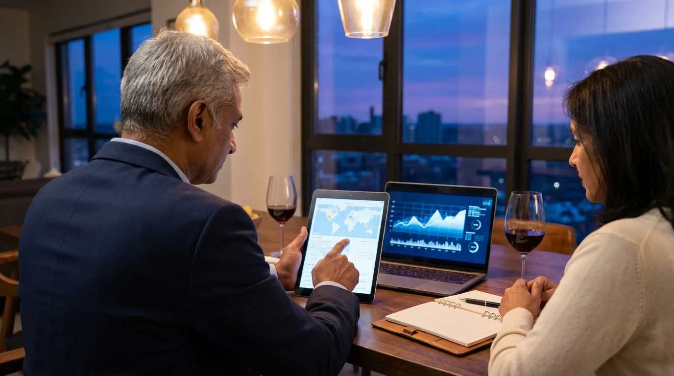 Over-the-shoulder view of a retired couple planning travel on a tablet and laptop at night.
