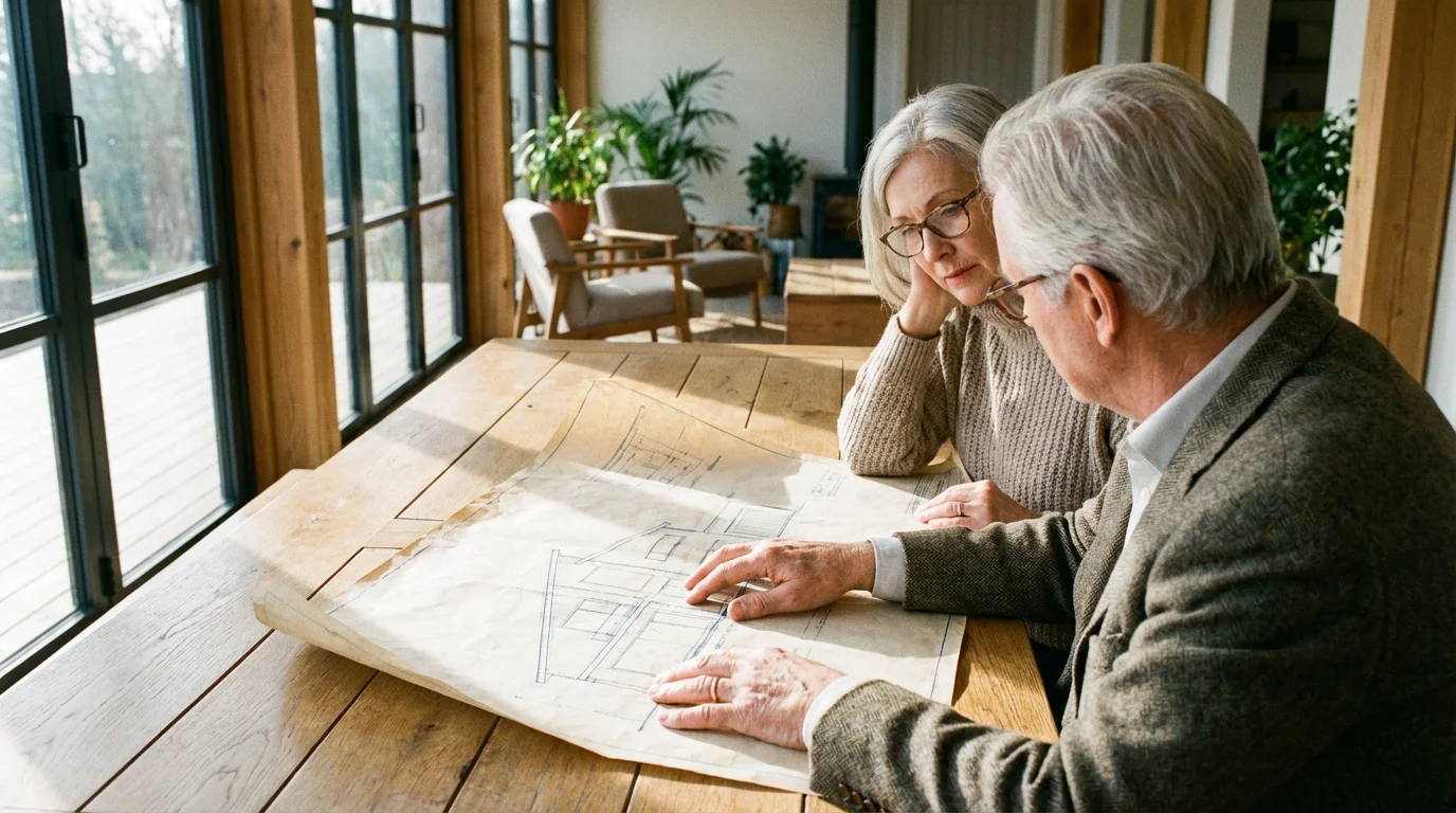 Over-the-shoulder view of a senior couple reviewing architectural blueprints on a sunlit wooden table.