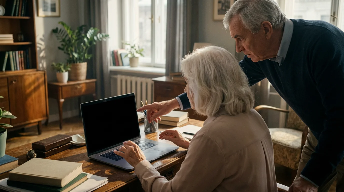 Over-the-shoulder view of a senior couple using a laptop to manage online security.