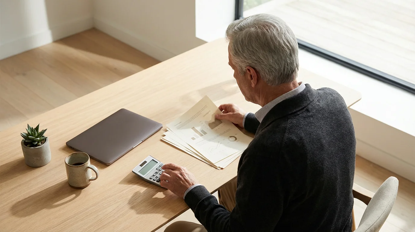 Over-the-shoulder view of a senior man at a desk organizing his retirement finances.