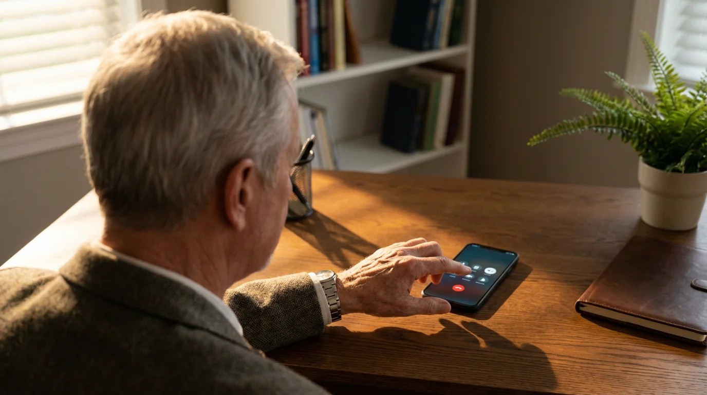 Over-the-shoulder view of a senior man at his desk declining a smartphone call.
