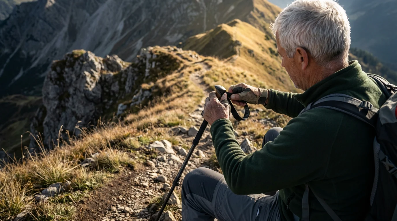 Over-the-shoulder view of a senior man adjusting his trekking pole on a mountain trail.