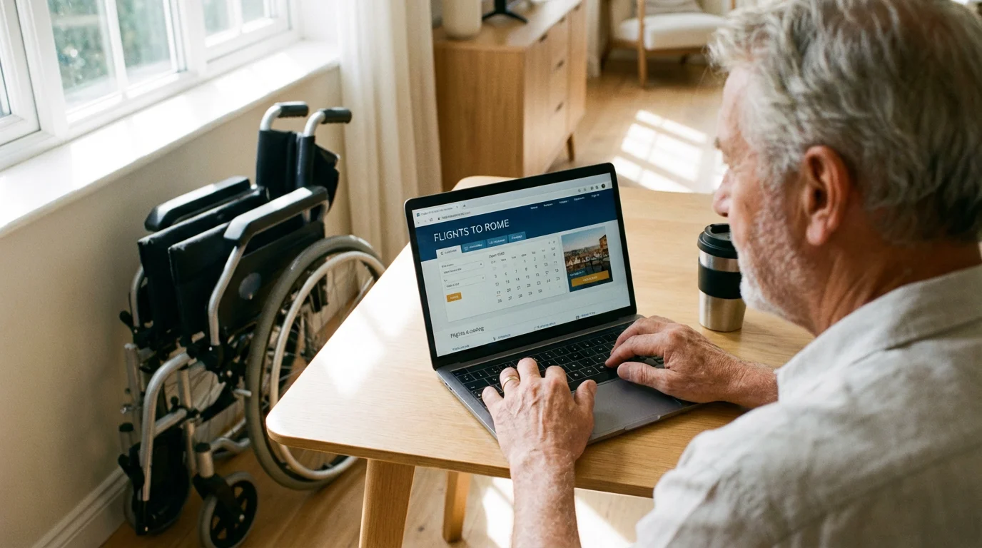 Over-the-shoulder view of a senior man booking travel online with a folded wheelchair nearby.