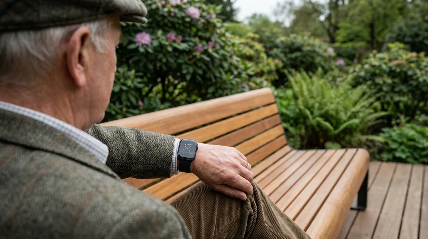 Over-the-shoulder view of a senior man checking the heart rate feature on his smartwatch.