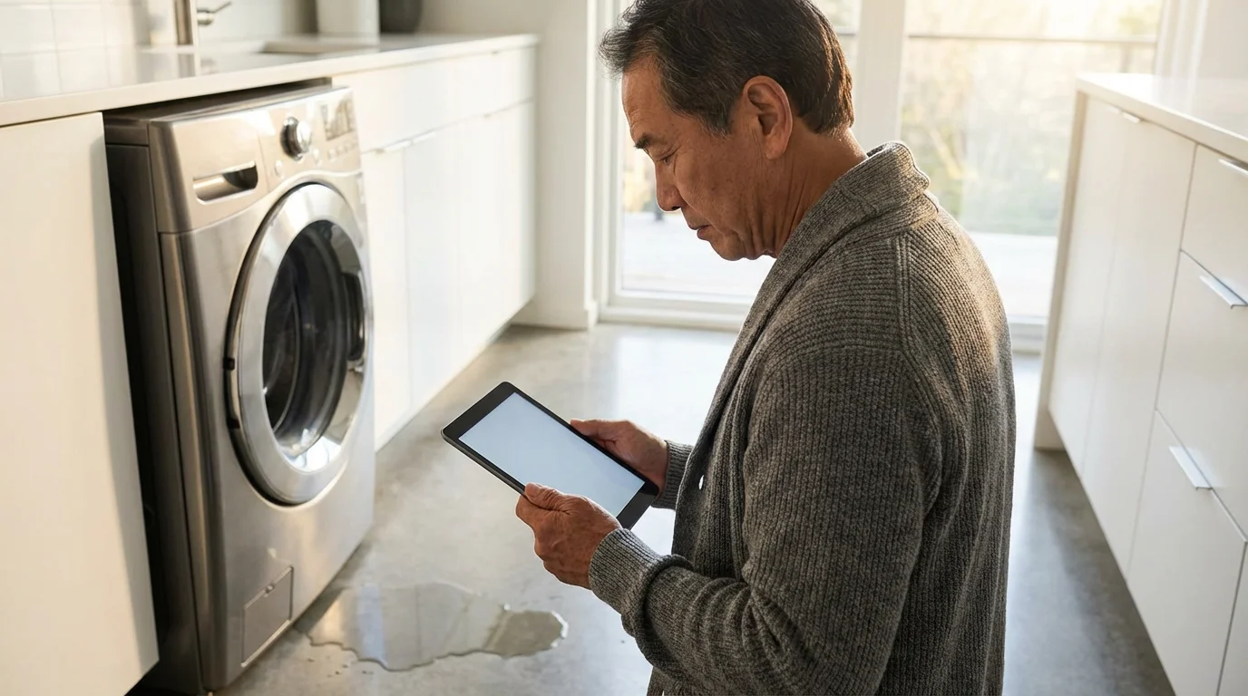 Over-the-shoulder view of a senior man holding a tablet, looking at a leaking appliance.