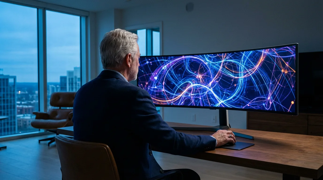 Over-the-shoulder view of a senior man monitoring financial charts on a large computer screen.