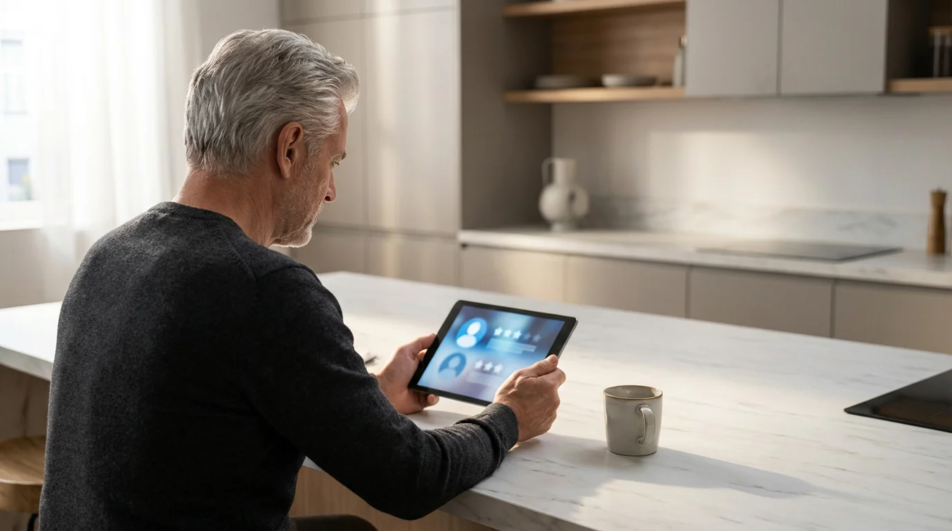 Over-the-shoulder view of a senior man researching mental health providers on a tablet.