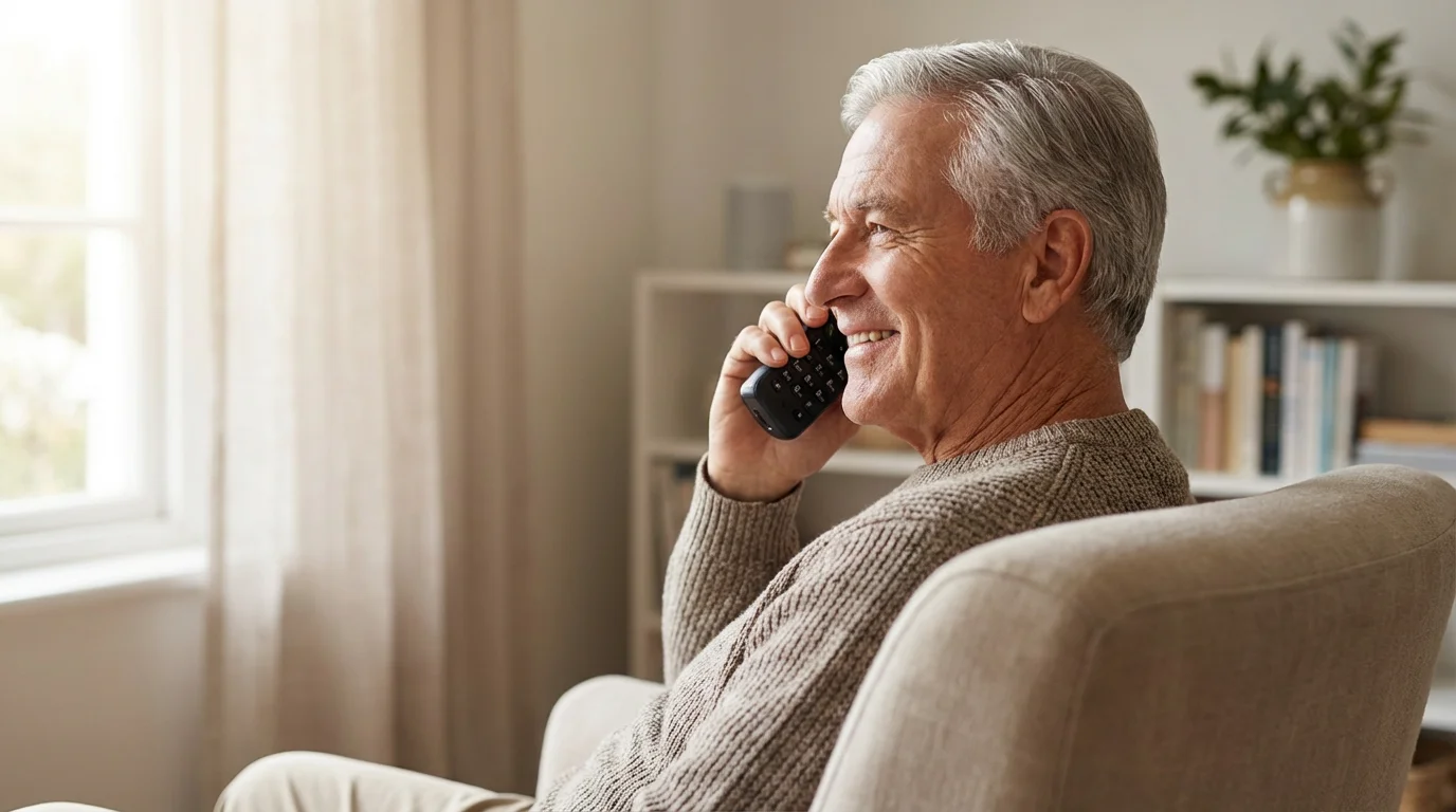 Over-the-shoulder view of a senior man smiling while volunteering by making a phone call.