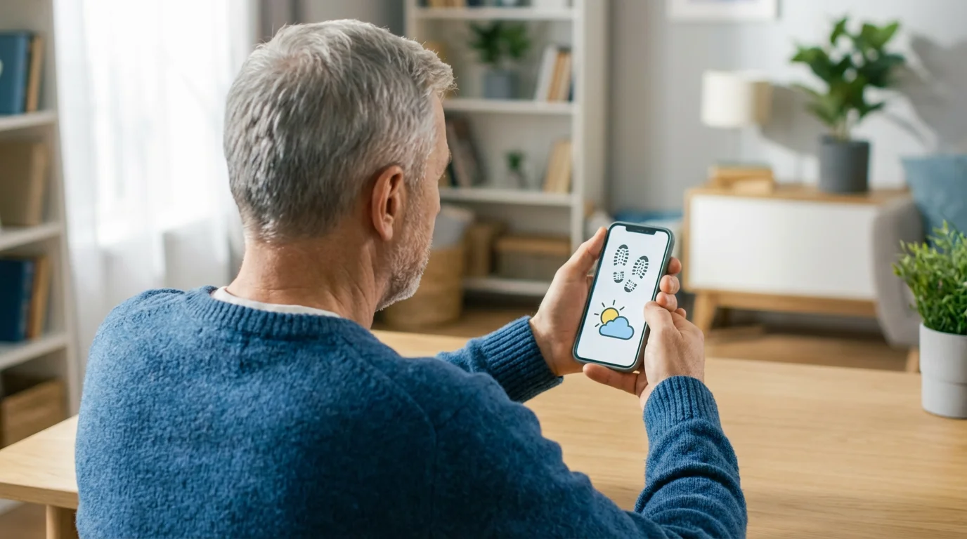 Over-the-shoulder view of a senior man using a national park planning app on his smartphone.