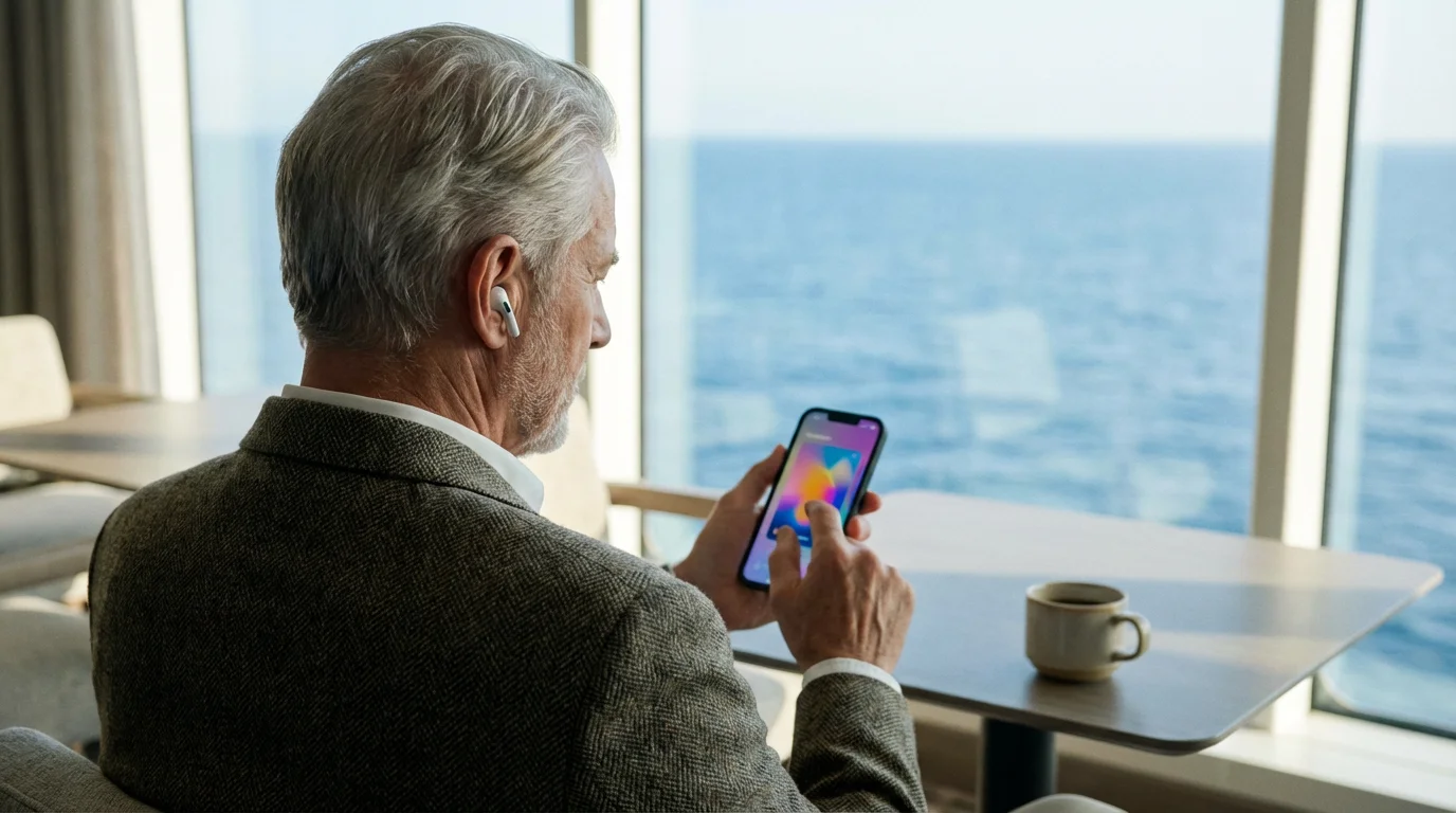 Over-the-shoulder view of a senior man using a smartphone inside a cruise ship lounge.