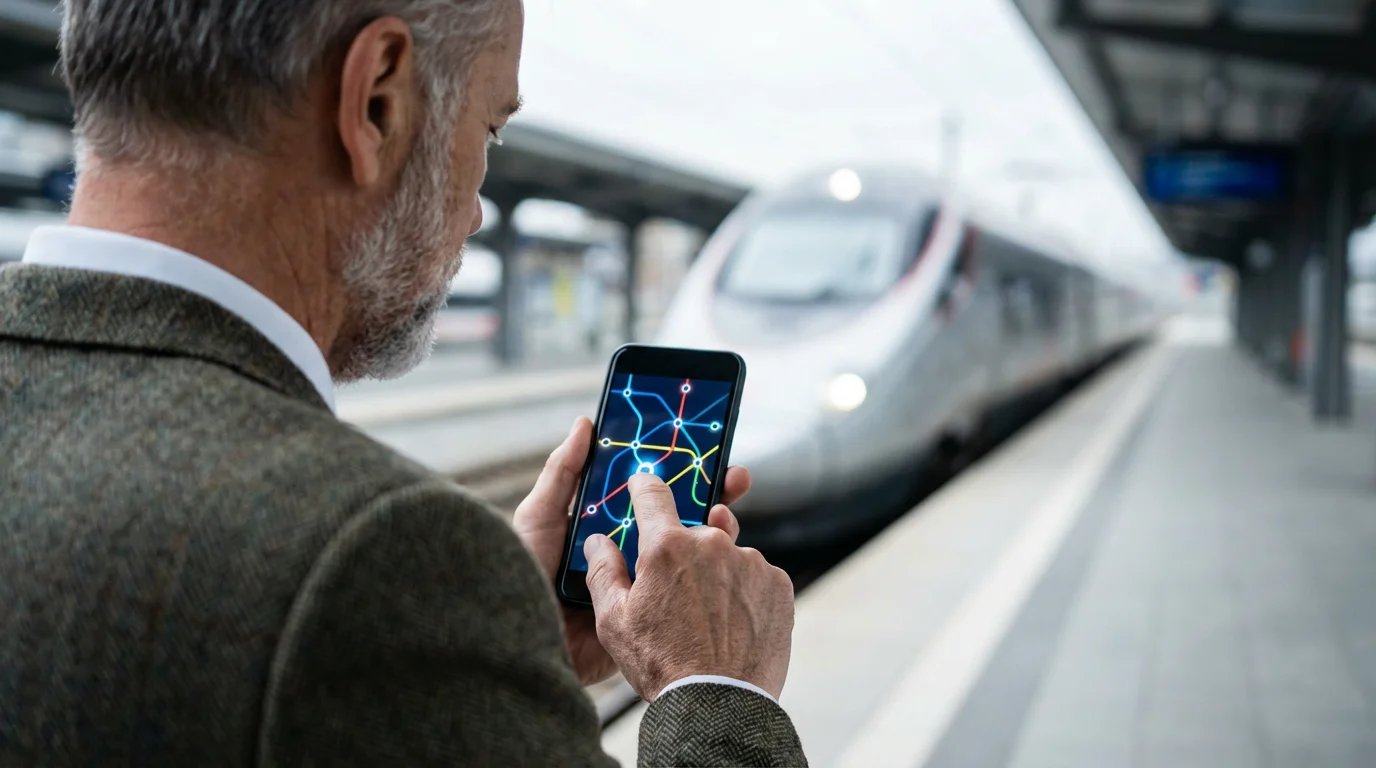 Over-the-shoulder view of a senior man using a transit app on a smartphone.