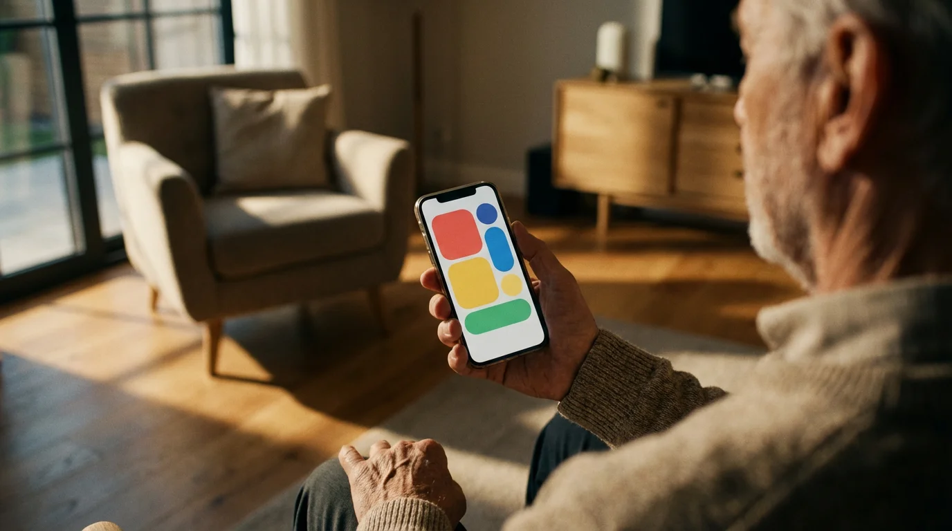 Over-the-shoulder view of a senior man's hand holding a smartphone with a smart home app.