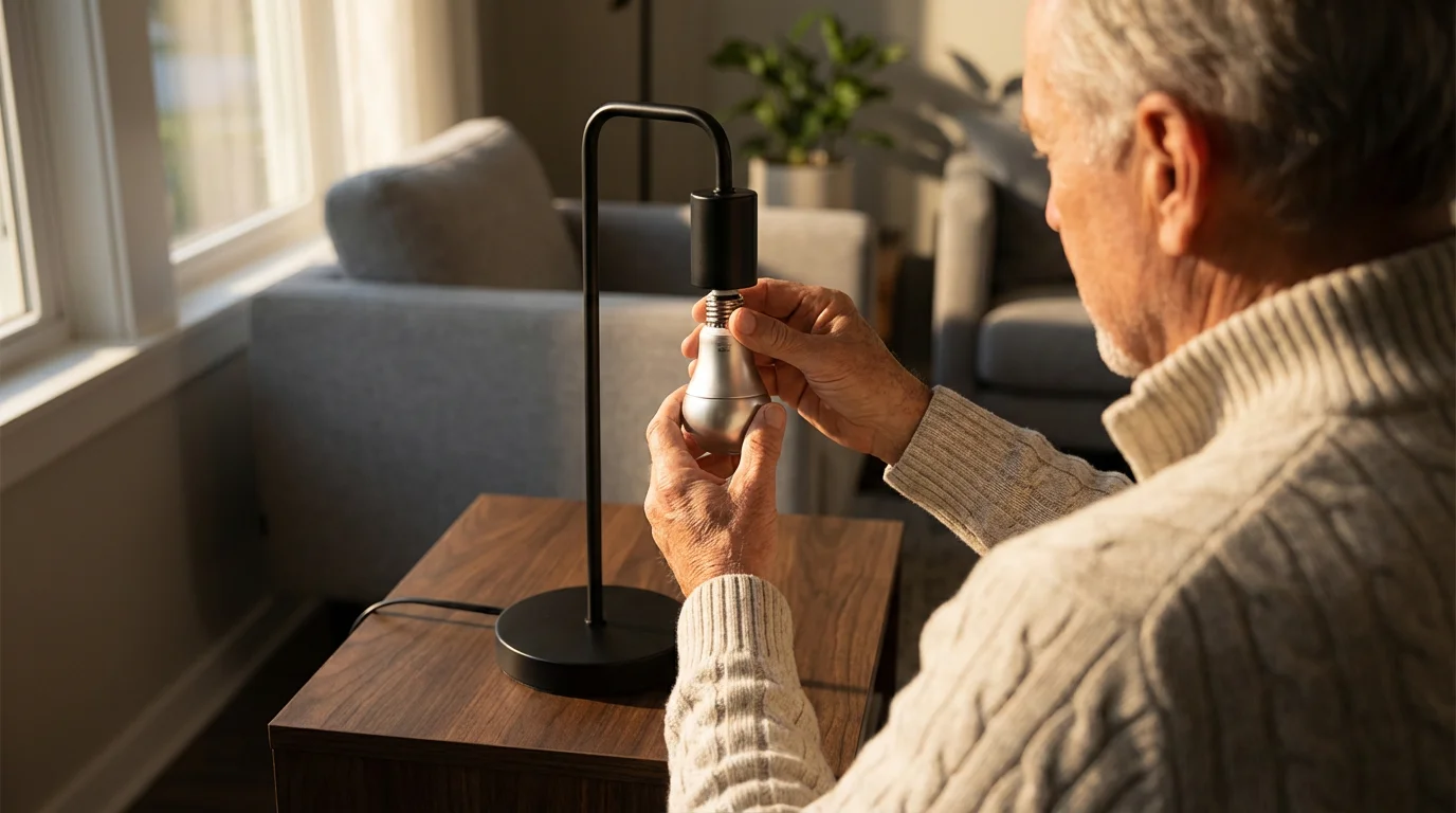 Over-the-shoulder view of a senior man's hands installing a smart lightbulb in a lamp.