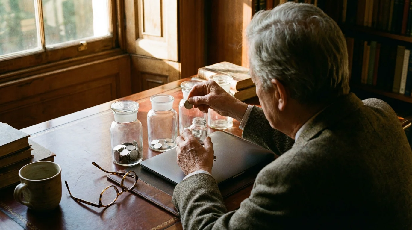 Over-the-shoulder view of a senior person sorting silver tokens into glass jars on a desk.