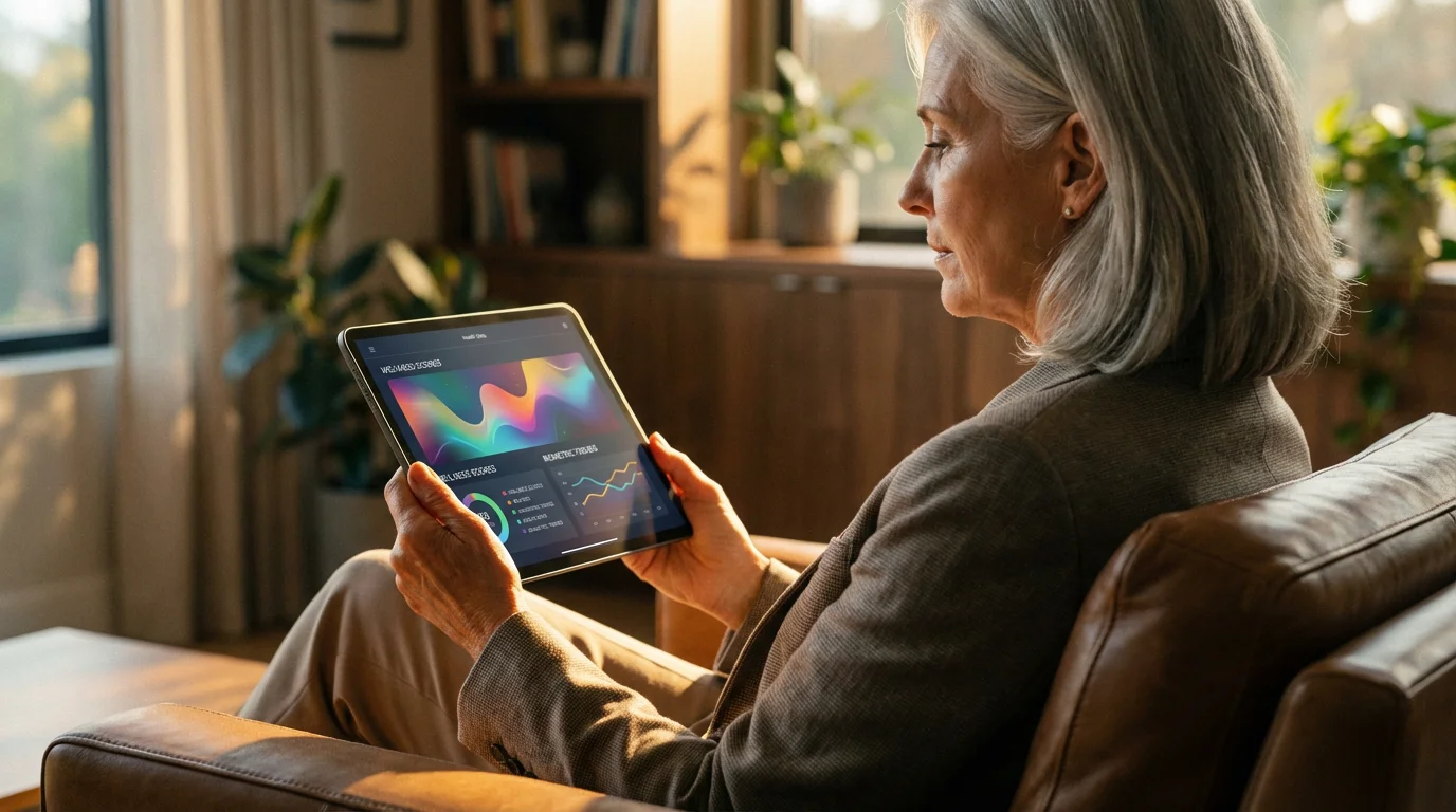 Over-the-shoulder view of a senior woman reviewing medical data on a digital tablet.