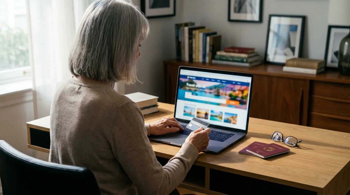 Over-the-shoulder view of a senior woman with a credit card and laptop booking travel.