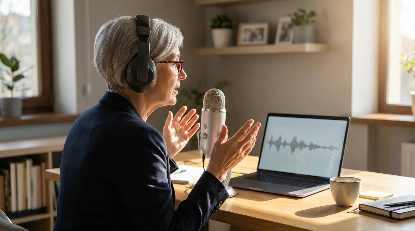 Over-the-shoulder view of a senior woman recording a podcast in her home studio.