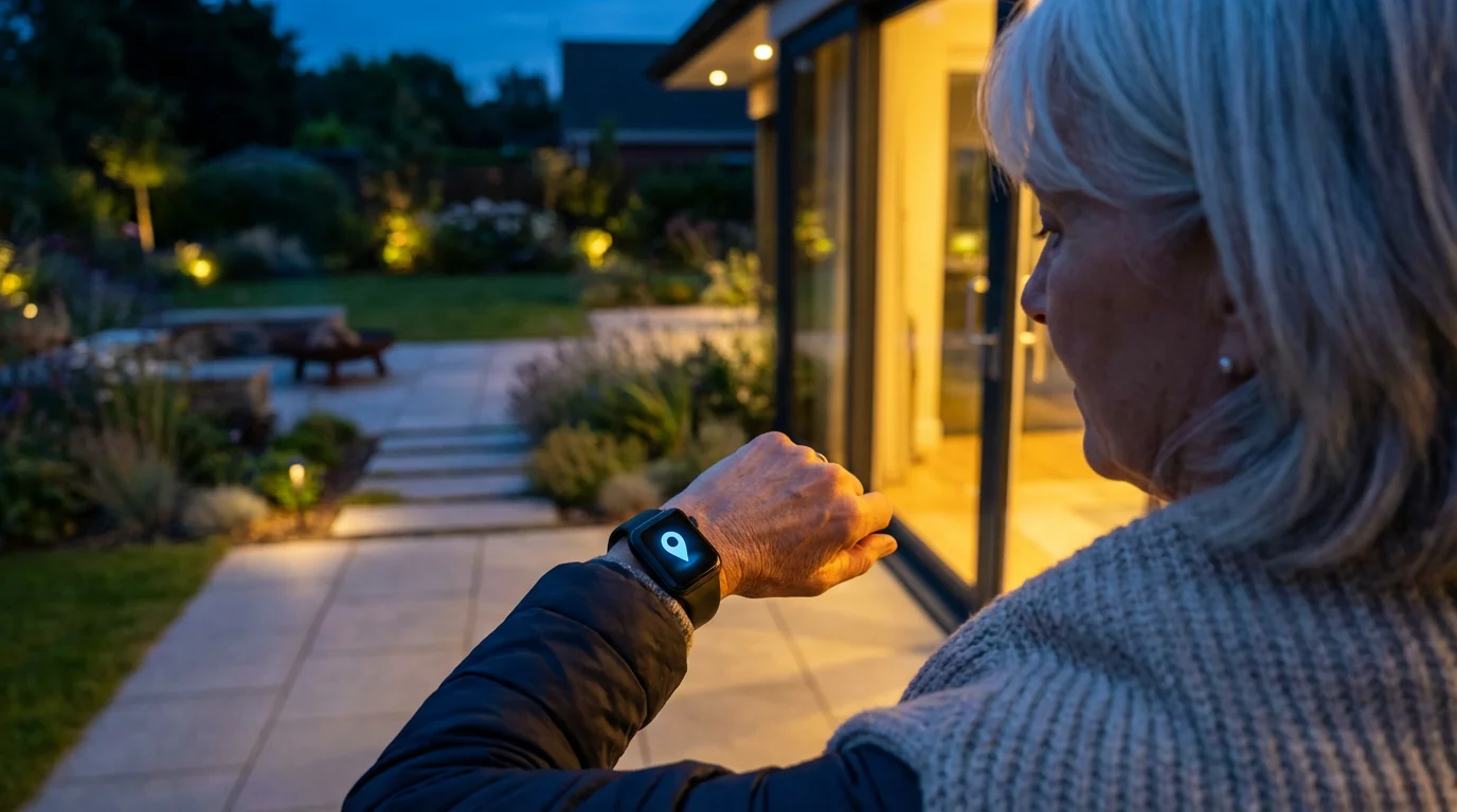 Over-the-shoulder view of a senior woman using a smartwatch for safety at dusk.