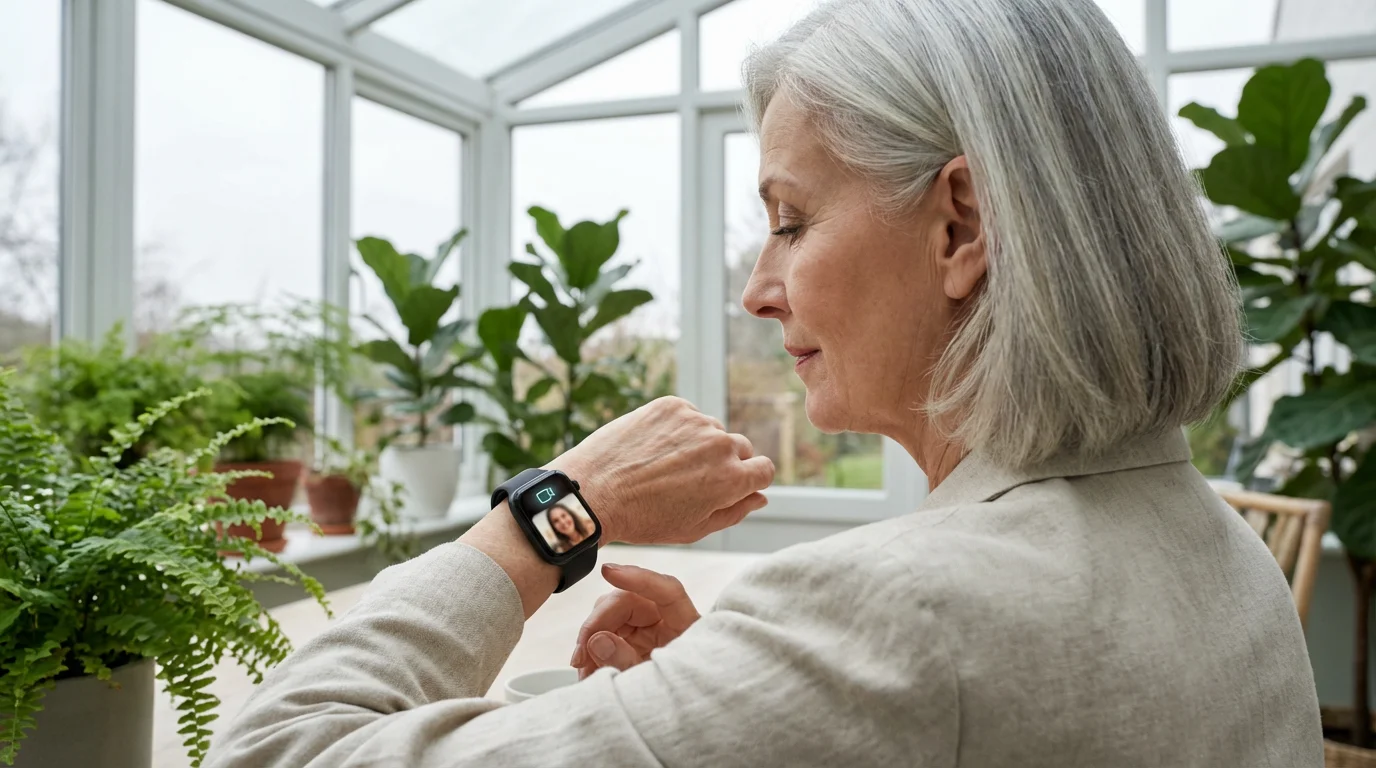 Over-the-shoulder view of a senior woman receiving a video call on her smartwatch.
