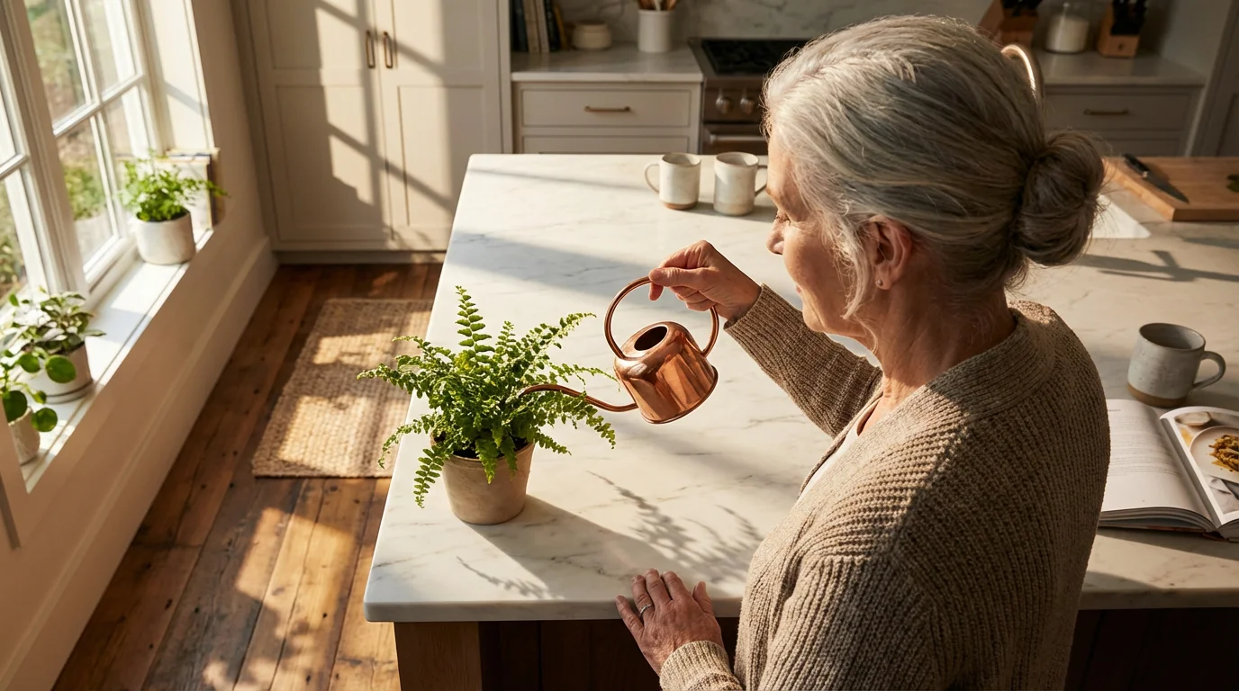 Over-the-shoulder view of a senior woman watering a plant in a sunlit kitchen.
