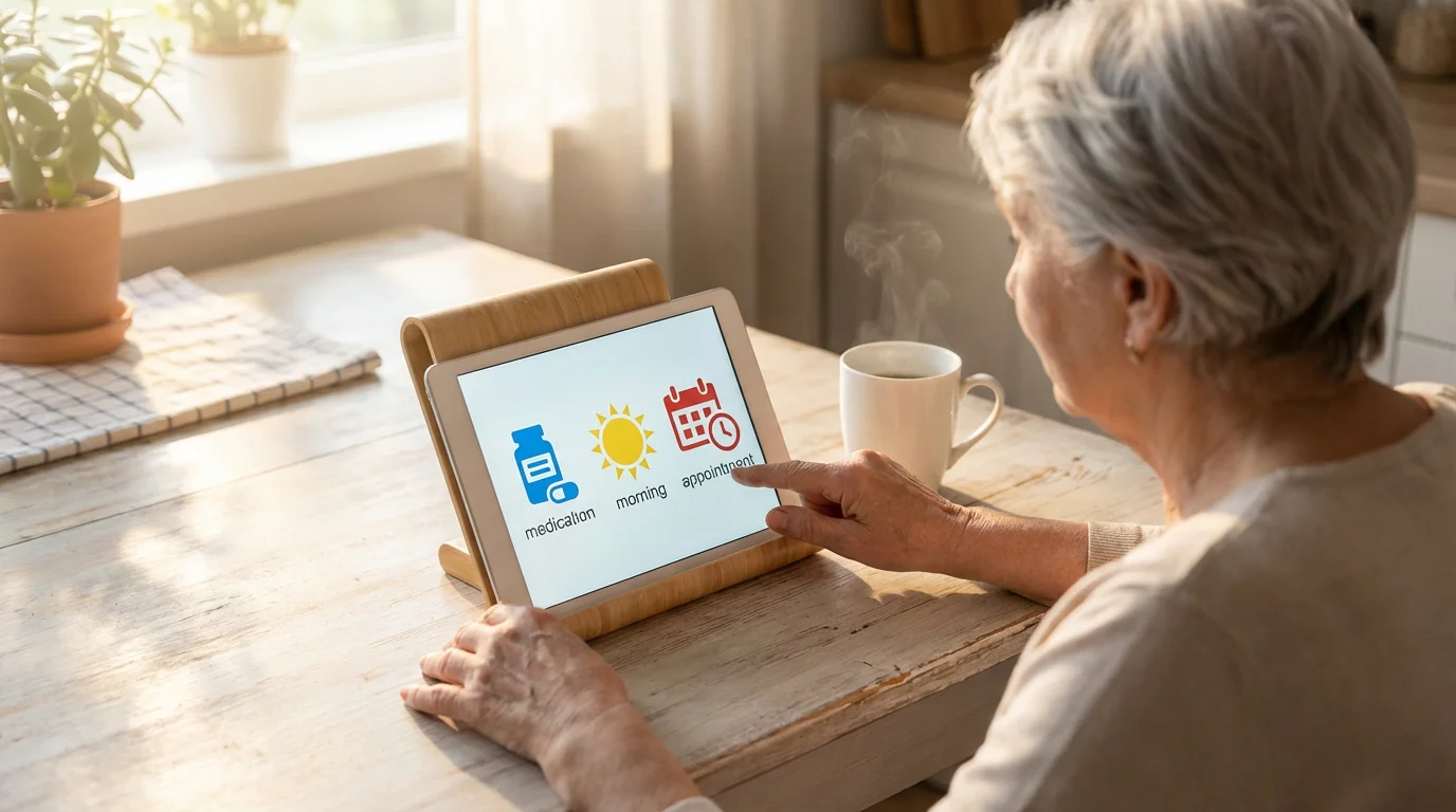 Over-the-shoulder view of a senior woman using an icon-based digital calendar on a tablet.